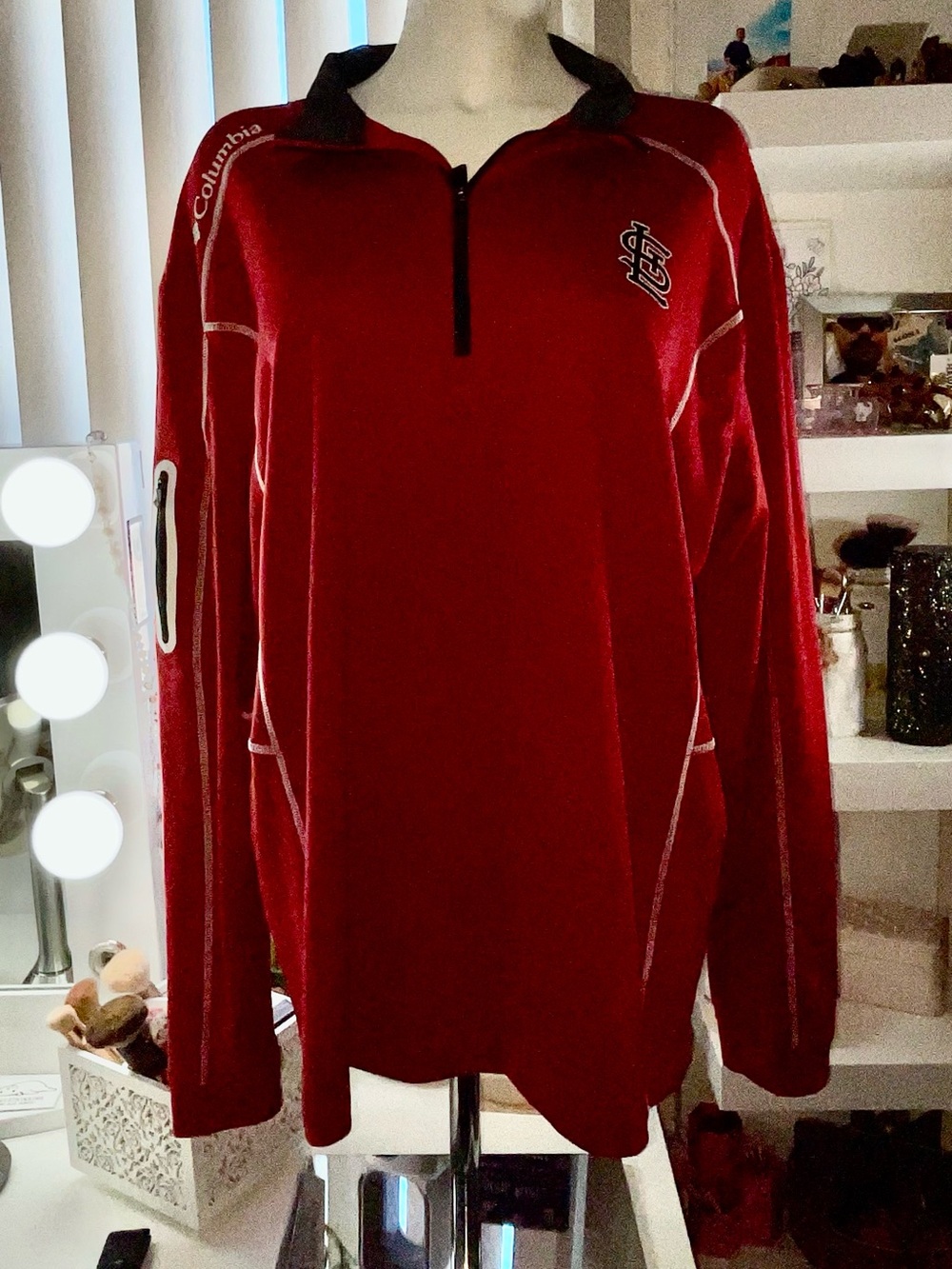 Columbia Men's Red Half-Zip Pullover with Black Collar and Team Patch